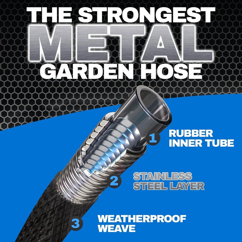 Emson Hydrosteel 50 Ft Garden Hose, 304 Stainless Steel Metal Water Hose 50Ft, Ultra Durable Flexible Lightweight Crush Resistant Fittings Kink & Tangle Free 5/8” Inner Diameter, 500 PSI AS SEEN ON TV - Image 2
